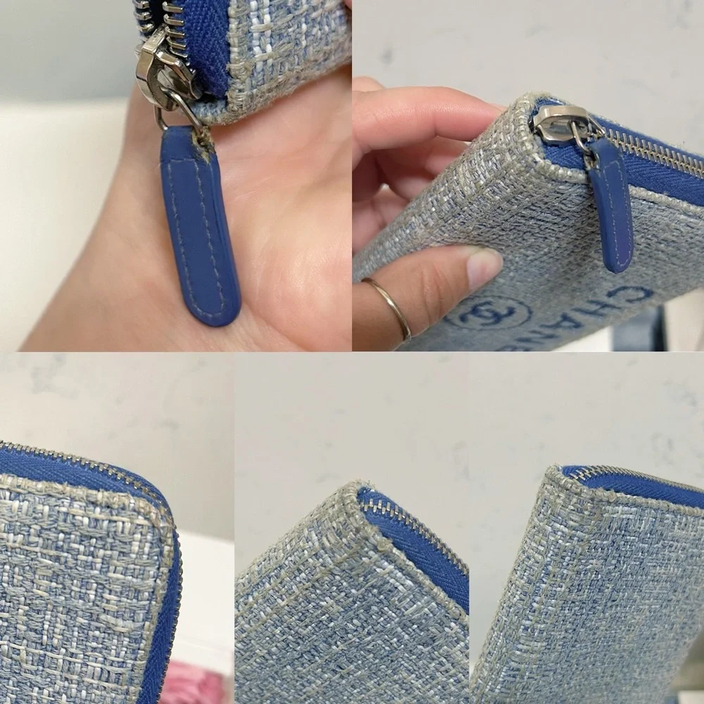Authentic Chanel Light Blue Deauville Tweed Continental Wallet / Clutch